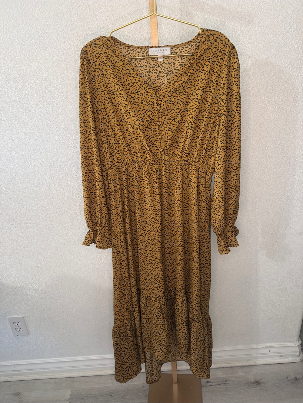HAYDEN-Mustard animal print Long-Sleeve high low Dress- large